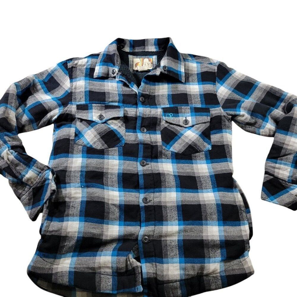 Op Shirt Jacket Mens Small Blue Plaid Sherpa Lined Flannel Button Up No Hood*